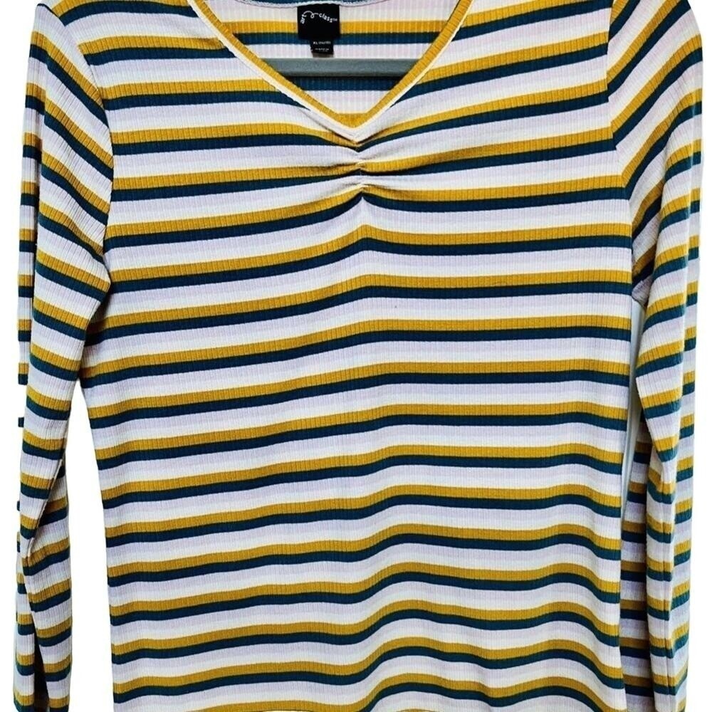 Girls XL 14/16 Long Sleeve Striped Ribbed Top Mustard Navy White V-Neck